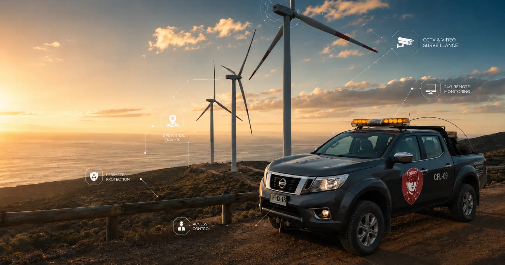 Seguridad Total vehicle in the field with monitoring, GPS, and access control technology