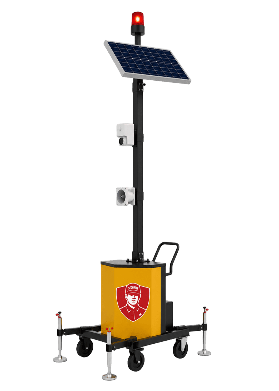 Mobile Security Tower with solar panel, warning beacon, and surveillance camera